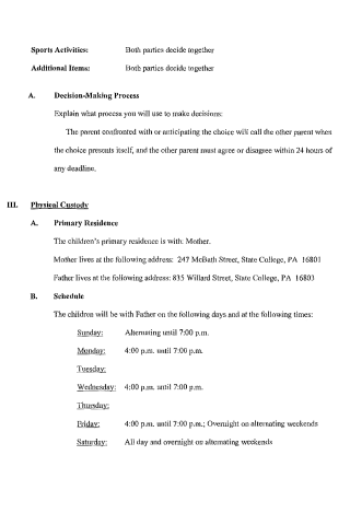 A printed document outlining sports activities, decision-making process, and physical custody schedule for children.