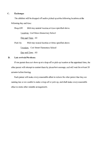A printed document page showing sections C and D about exchanges and late arrivals for children's drop-off and pick-up at Corl Street Elementary School.