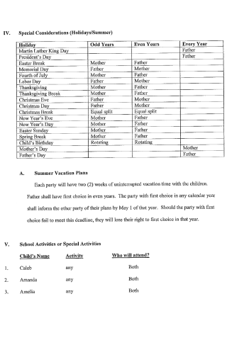 A document page showing a holiday schedule table and summer vacation plans for parents.