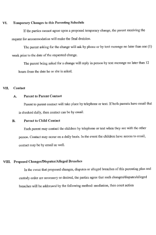 A document page showing sections VI through VIII of a parenting schedule agreement, including rules for temporary changes, contact methods, and dispute resolution.