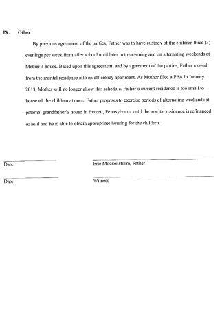 A scanned legal document page titled 'IX. Other' detailing custody and housing arrangements, with signature lines for Date, Eric Mockensturm (Father), and Witness.