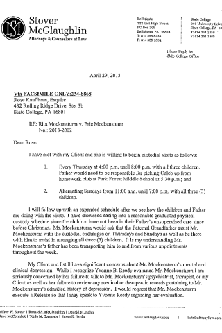 Legal correspondence outlining a proposed child visitation schedule and requesting access to medical records. A legal letter from Stover McGlaughlin attorneys dated April 29, 2013, regarding a custody schedule for children in the case Rita Mockensturm v. Eric Mockensturm.