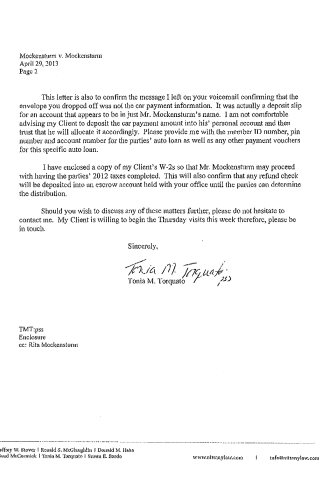 A legal correspondence confirming incorrect car payment information and outlining tax refund procedures. A typed legal letter dated April 29, 2013, from Tonia M. Torquato regarding a car payment deposit slip and tax refund escrow arrangement.
